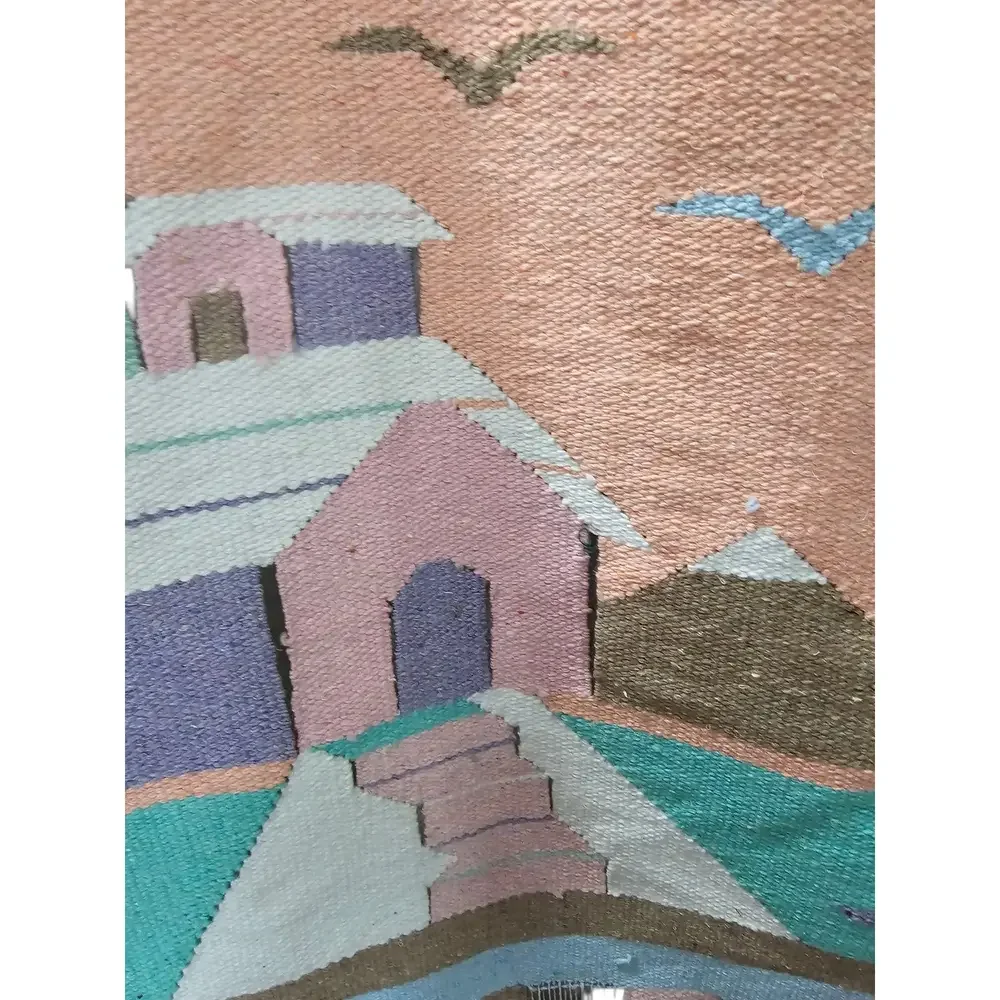 Vintage Southwest Pueblo Mountain Town Wool Woven Wall Hanging 45
